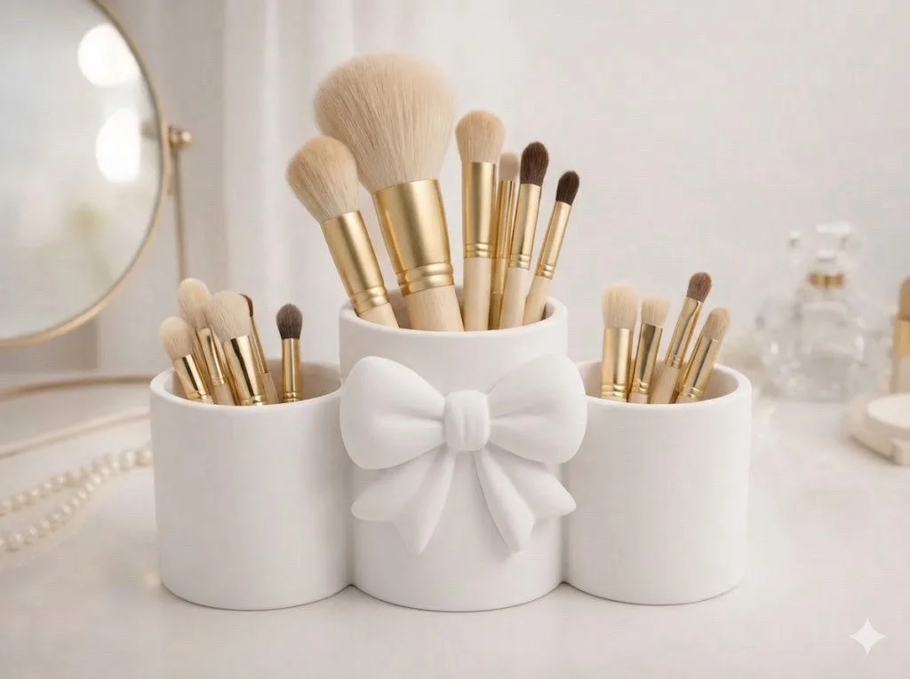 3 Compartment Makeup Brush Holder Bow Organiser Desk Pen Pot Gift Her