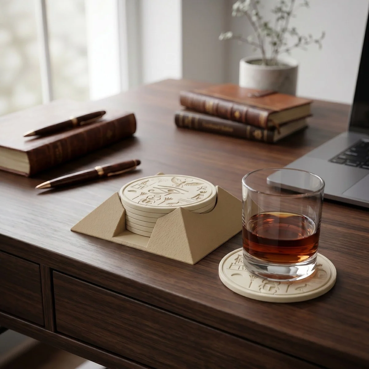 Coaster Set of 6 with Pyramid Holder for Drinks Ancient Egyptian Hieroglyph