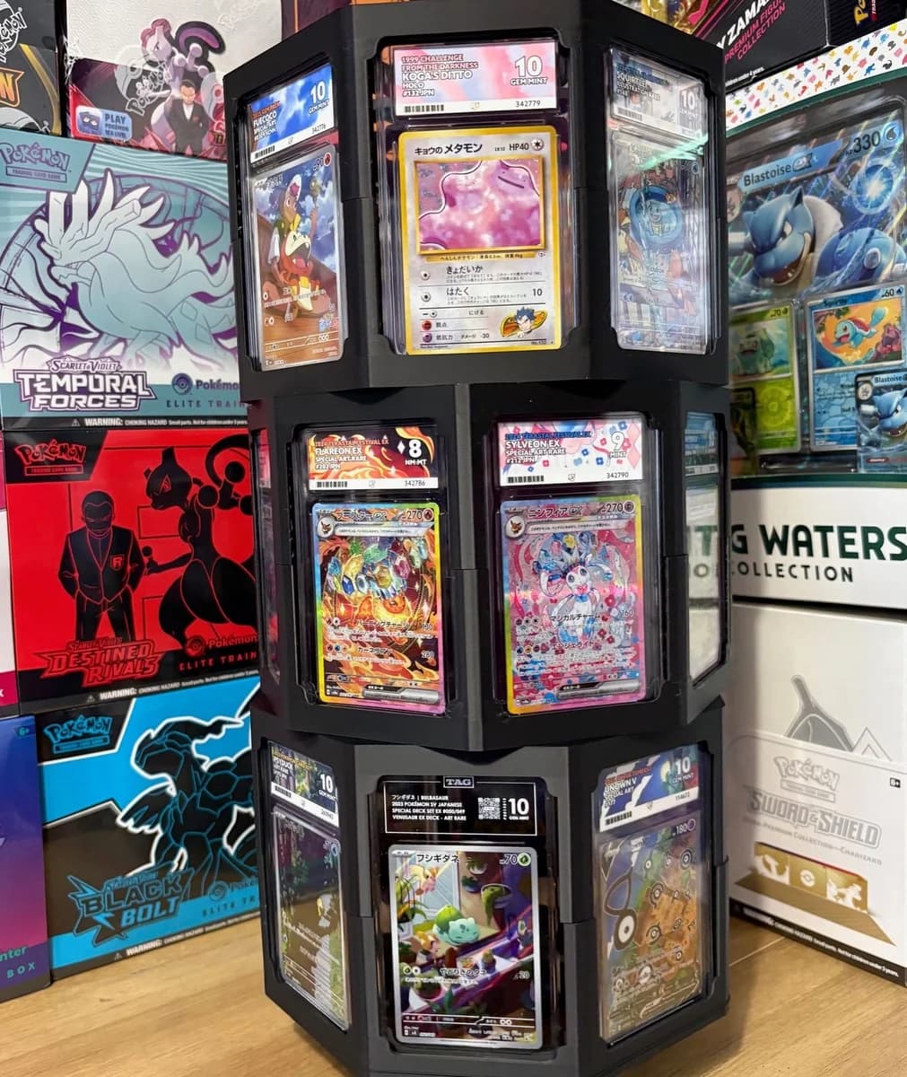 Motorised Rotating Graded Card Slab Display Tower for ACE PSA TAG Holds 24 Slabs